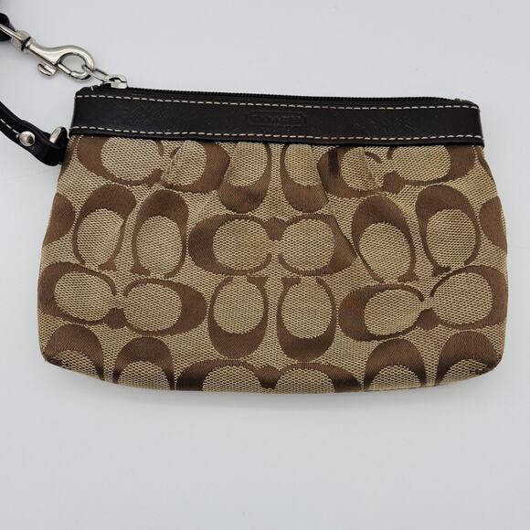 Coach Wristlet Signature Logo Brown Monogram Canvas Leather Trim Small Purse - Picture 5 of 14